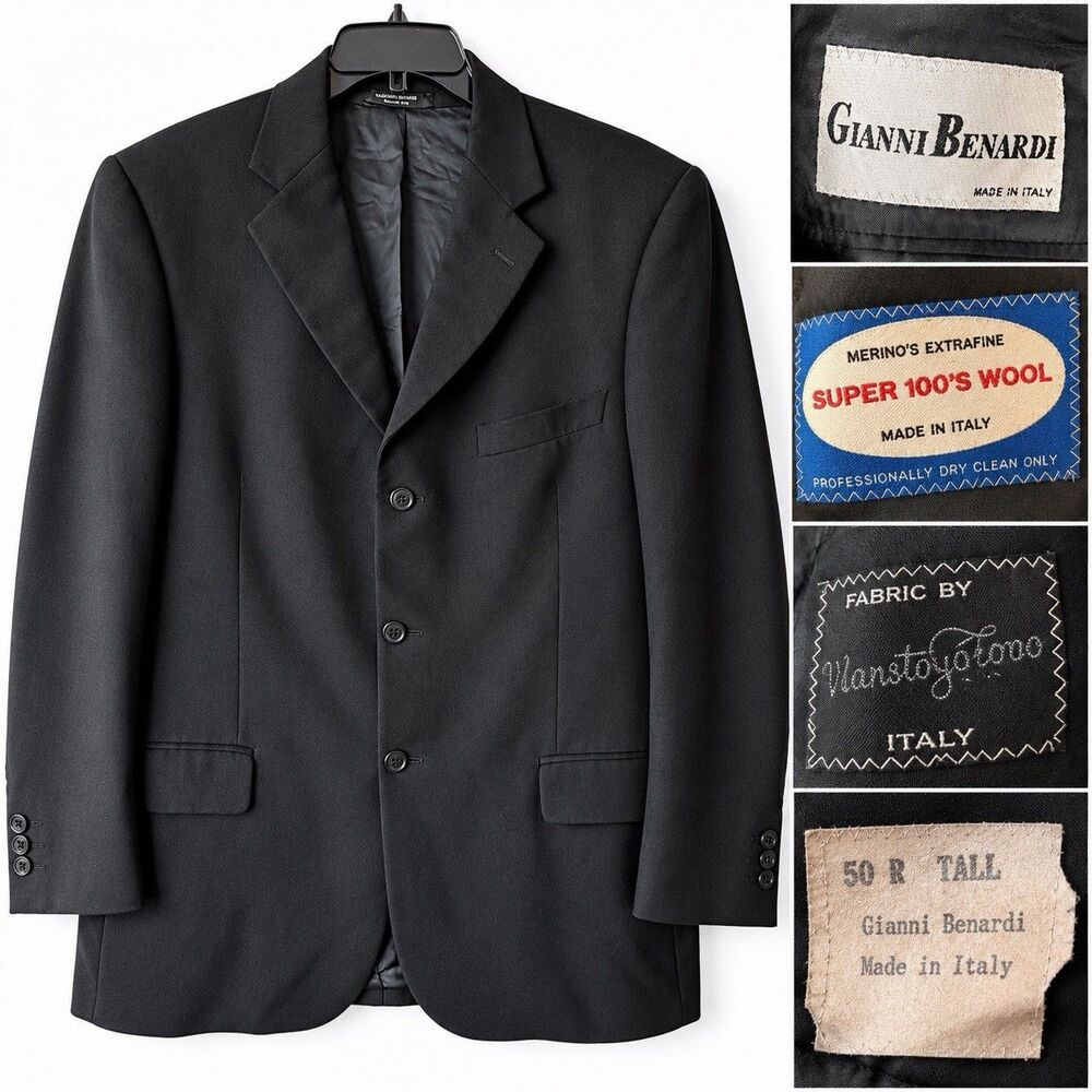 Vintage Gianni Benardi Mens 40R Black Super 100s Wool Blazer Made Italy 3 Button